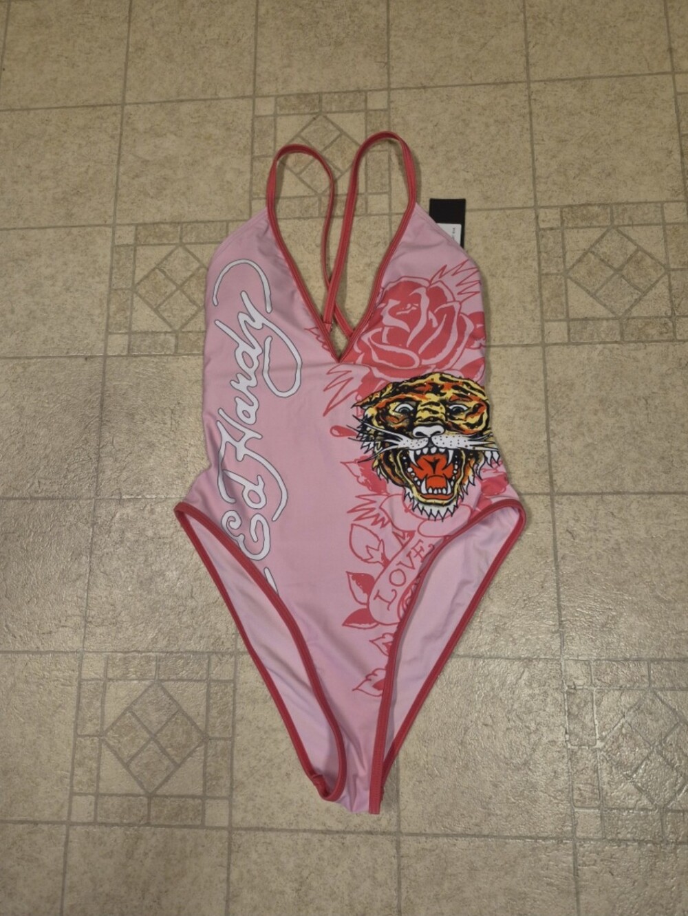 Ed Hardy Pink Graphic Bling One-Piece Swimsuit with Tiger Motif Medium NWT